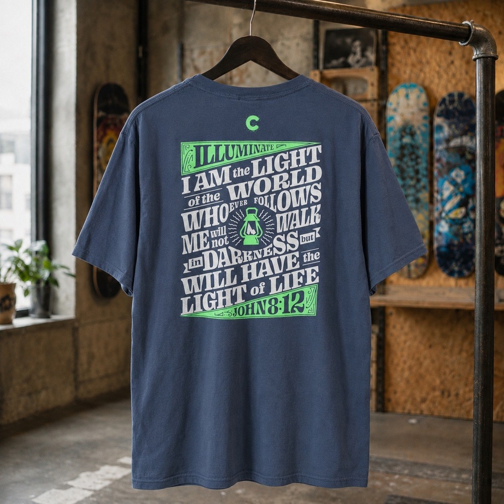 Fruit of the Loom Illuminate Congreso Graphic Tee Blue Large John 8:12 Back Hit